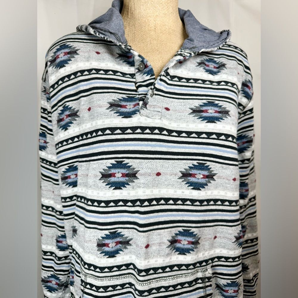FREE PLANET Aztec Pattern Hoodie Gray Blue Pullover Long Sleeve Size L Button